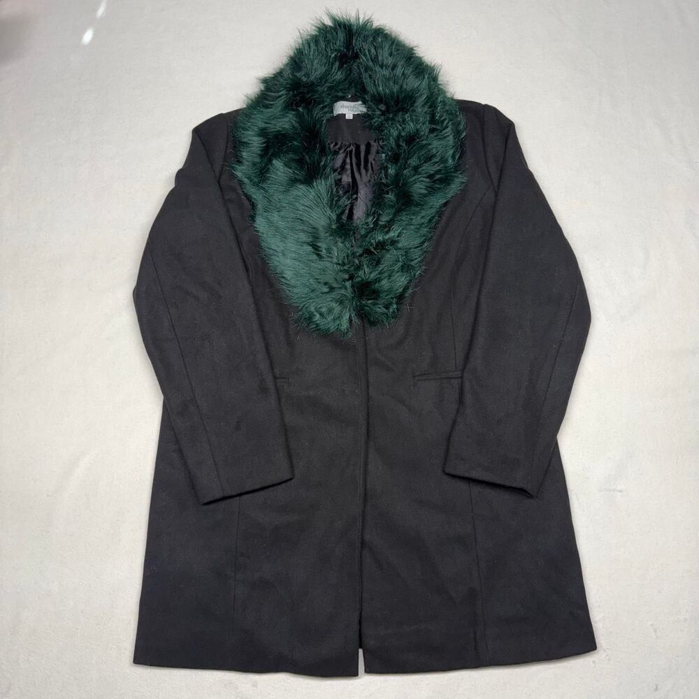 Vintage Charlotte Russe Women's Black Coat with Green Faux Fur Collar